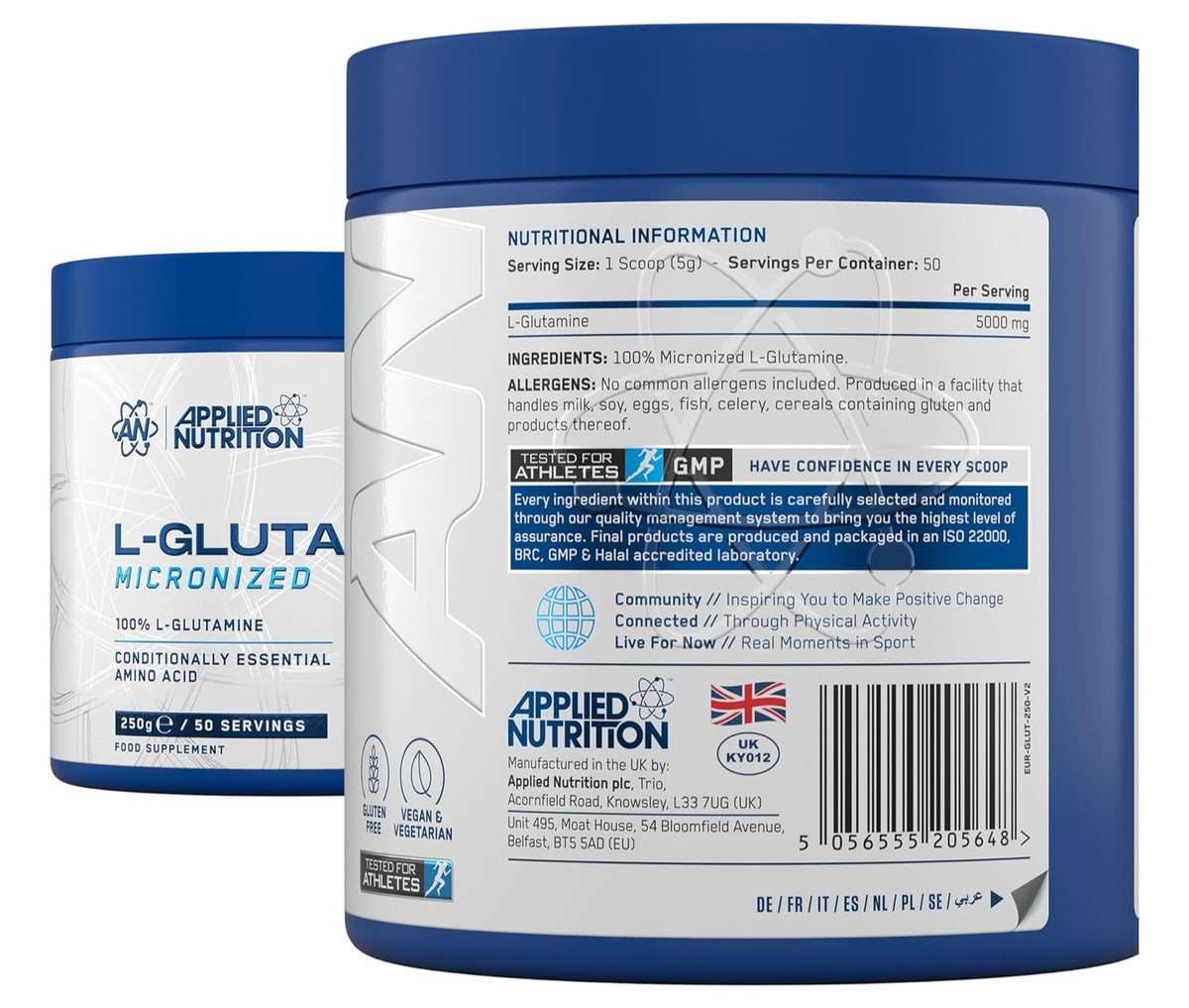 Applied Nutrition L-Glutamine 250G -Unflavour-Micronized – 100% Pure L-Glutamine Powder, Supports Muscle Recovery & Immunity – 50 Servings